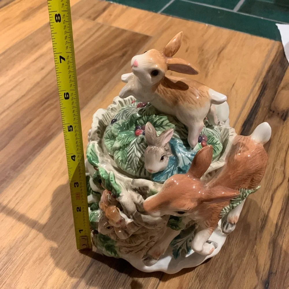 Fitz and Floyd Classics deer fawn and frolicking bunnies 7” container decor - Picture 3 of 14